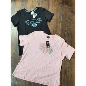 2) Women's Harley Davidson Logo Shirt. Black & Pink. Size XL. See Measurements